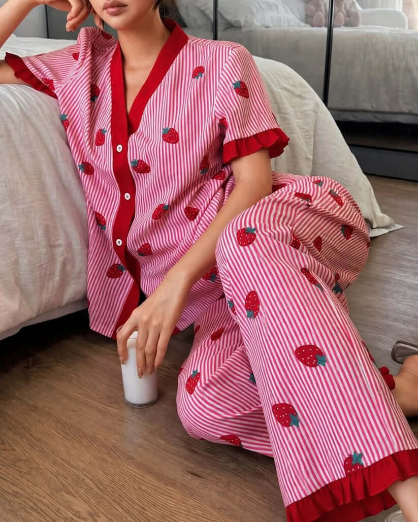 Pink Strawberry Printed Pajama Set for Women | V-Neck Button Night Suit | omii.pk