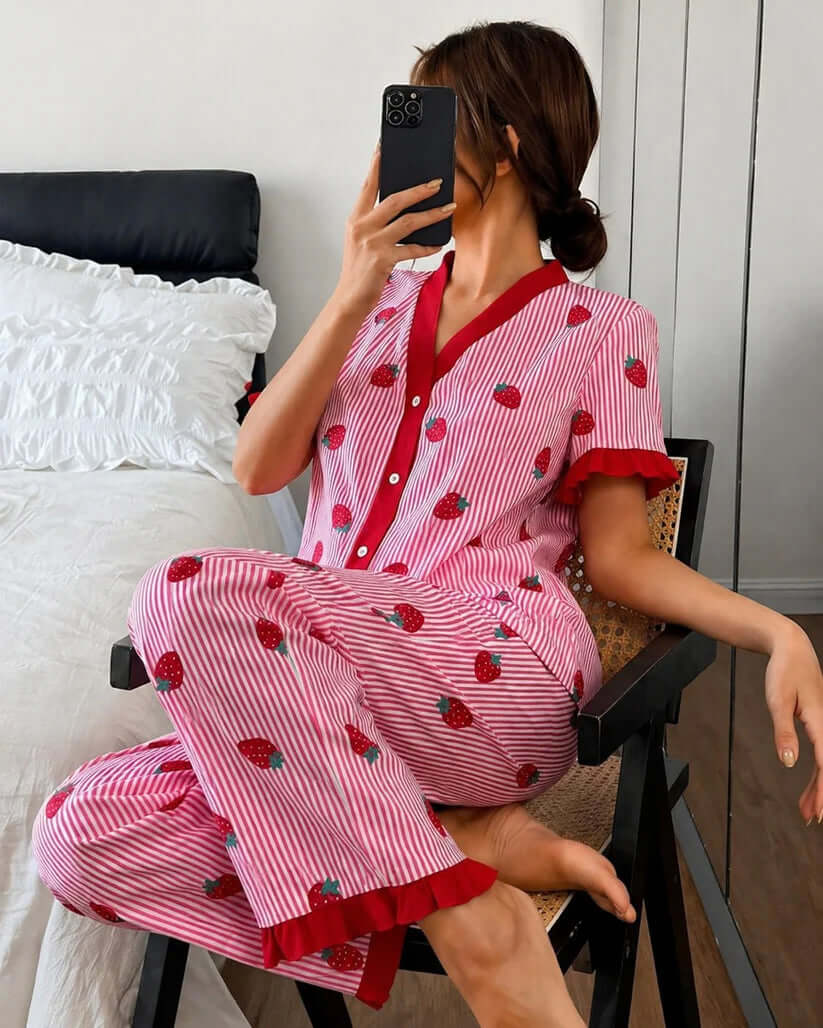 Pink Strawberry Printed Pajama Set for Women | V-Neck Button Night Suit | omii.pk