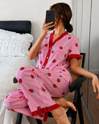 Pink Strawberry Printed Pajama Set for Women | V-Neck Button Night Suit | omii.pk