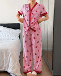 Pink Strawberry Printed Pajama Set for Women | V-Neck Button Night Suit | omii.pk