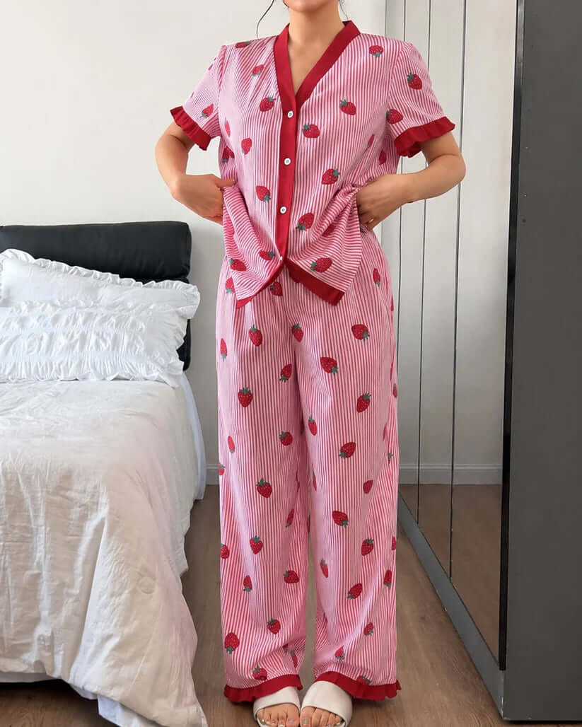 Pink Strawberry Printed Pajama Set for Women | V-Neck Button Night Suit | omii.pk