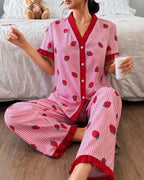 Pink Strawberry Printed Pajama Set for Women | V-Neck Button Night Suit | omii.pk