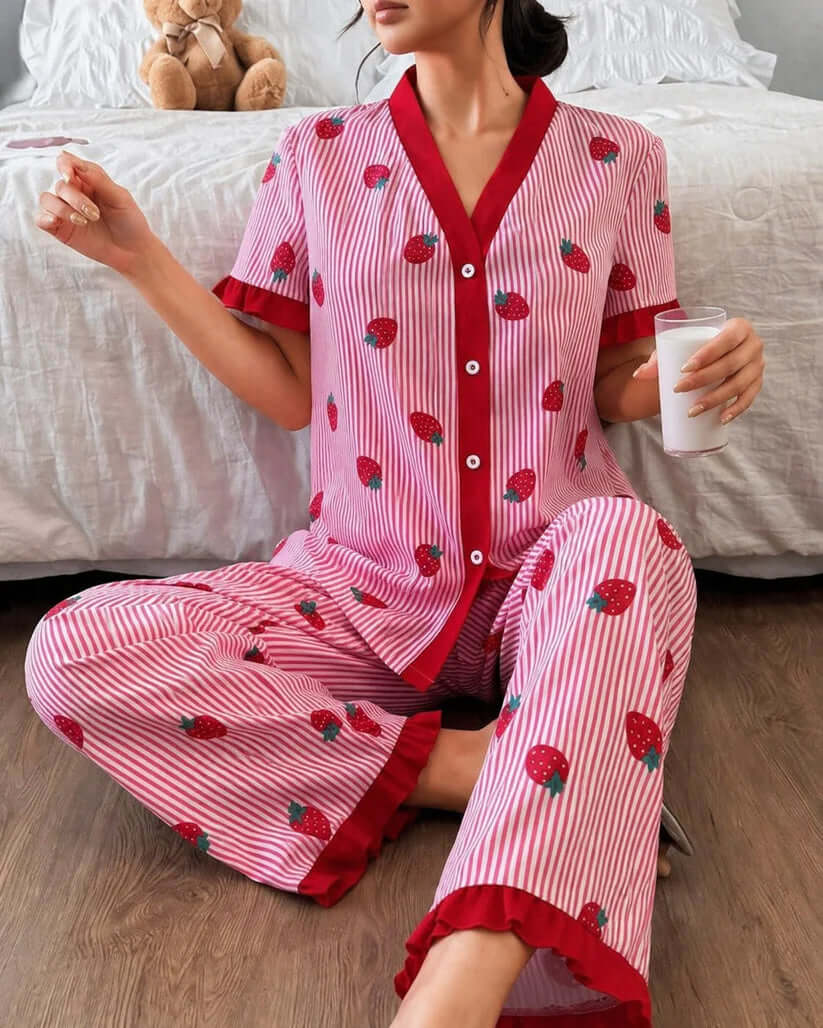 Pink Strawberry Printed Pajama Set for Women | V-Neck Button Night Suit | omii.pk
