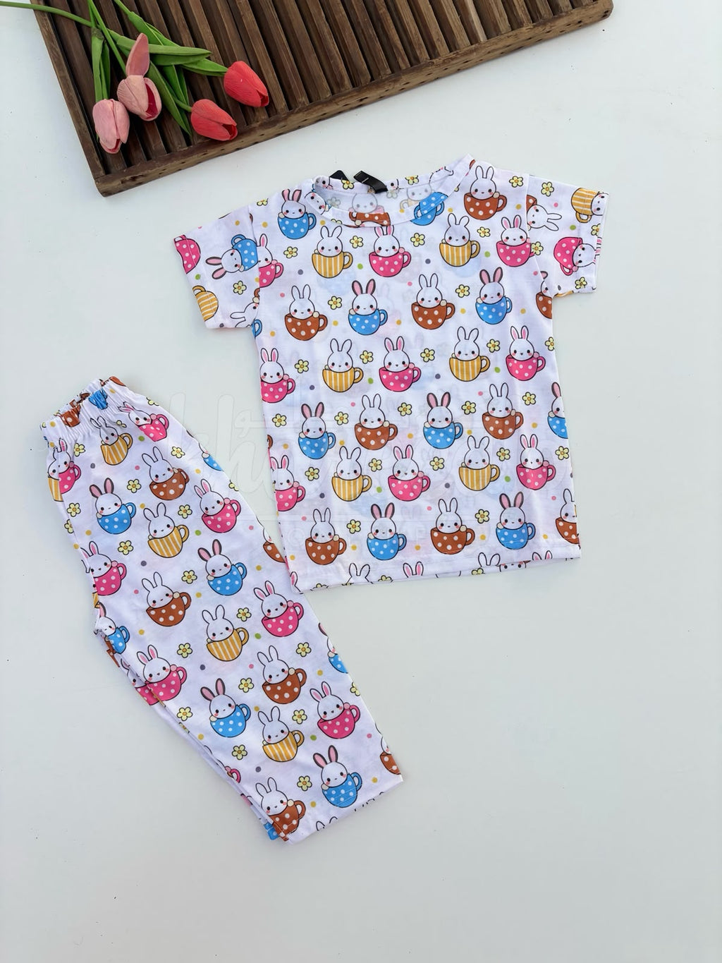 White Cute Rabbits Printed Half Sleeves Kids Suit