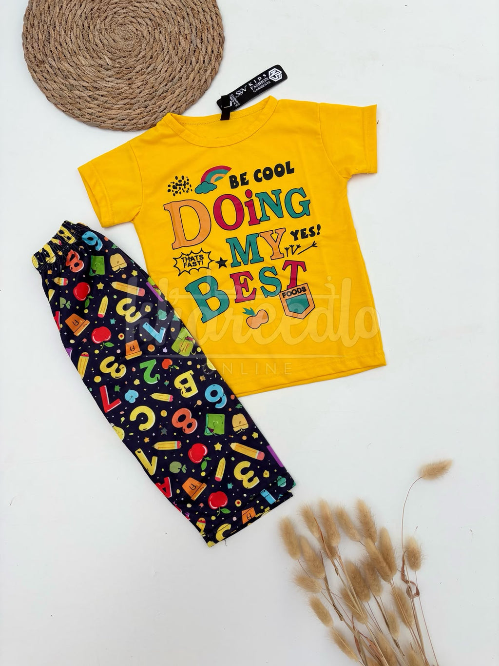 Yellow Doing My Best Printed Half Sleeves Kids Suit