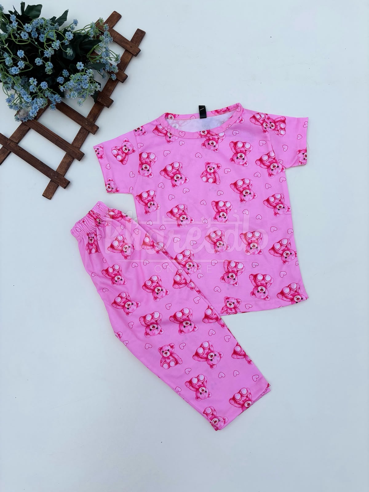Baby Pink All Over Bears Printed Half Sleeves Kids Suit