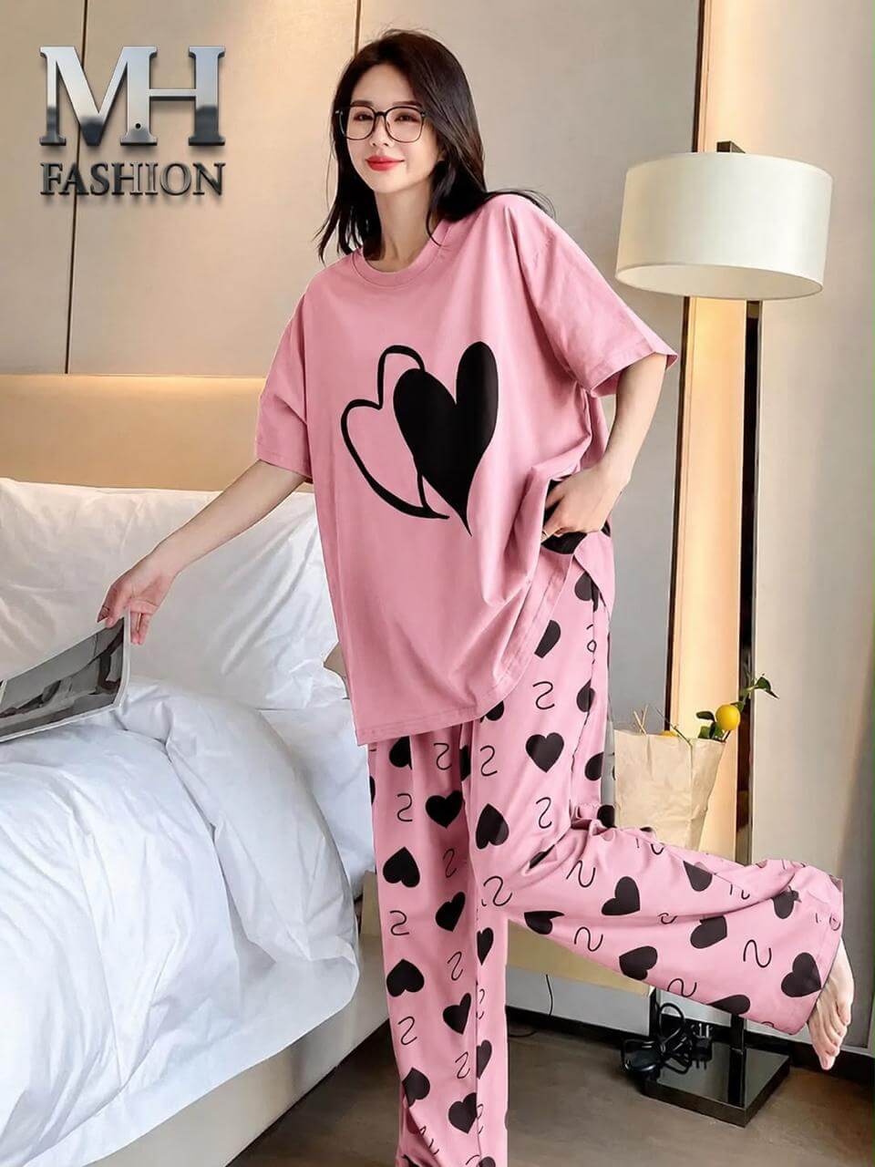 DOUBLE HEART PINK DESIGN NIGHT DRESS IN COTTON FABRIC