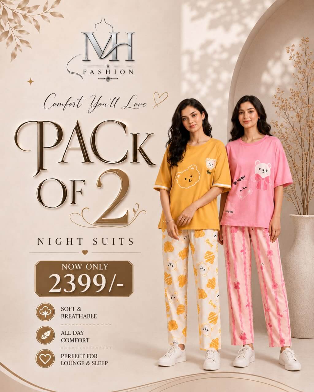 pink be happy and  yellow 3 bear pack of two night suit