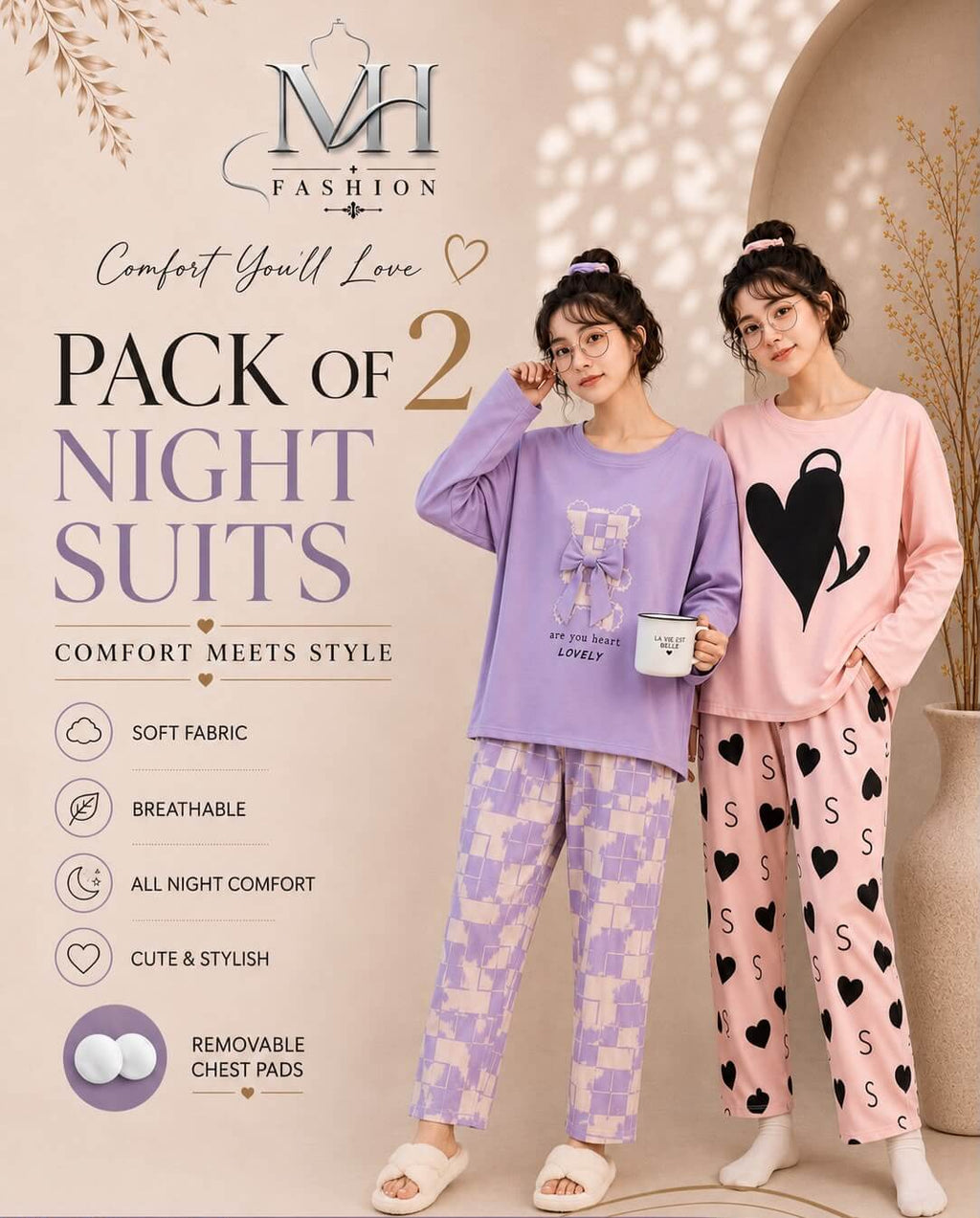 purple check heart  and pink double heart pack of two night suit  full  sleeves