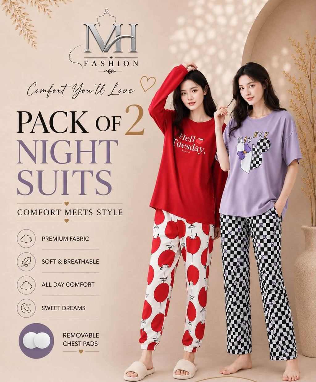 purple check heart  and  red hello tuesday pack of two night suit