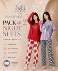 purple check heart  and  red hello tuesday pack of two night suit