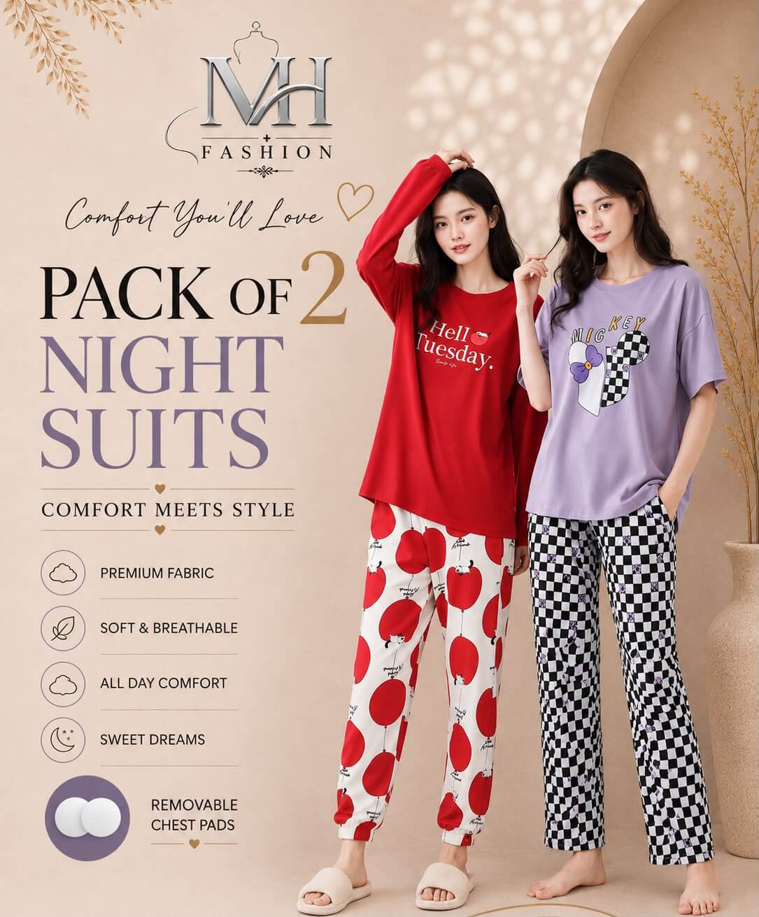 purple check heart  and  red hello tuesday pack of two night suit