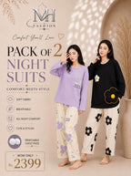 Purple pocket and black flower pack of two night suit full sleeves
