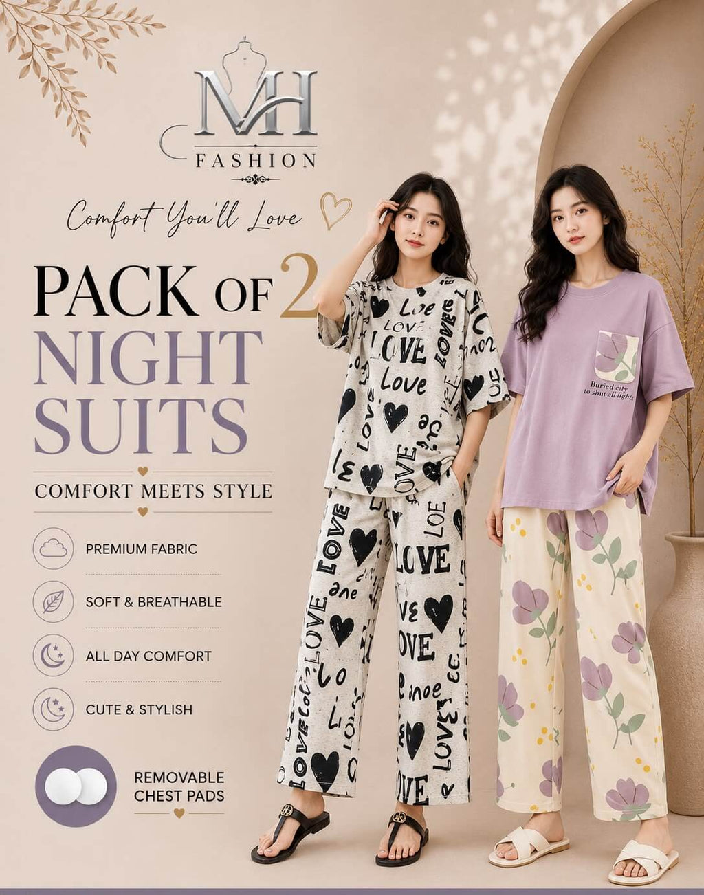 cream big love and  purple pocket pack of two night suit