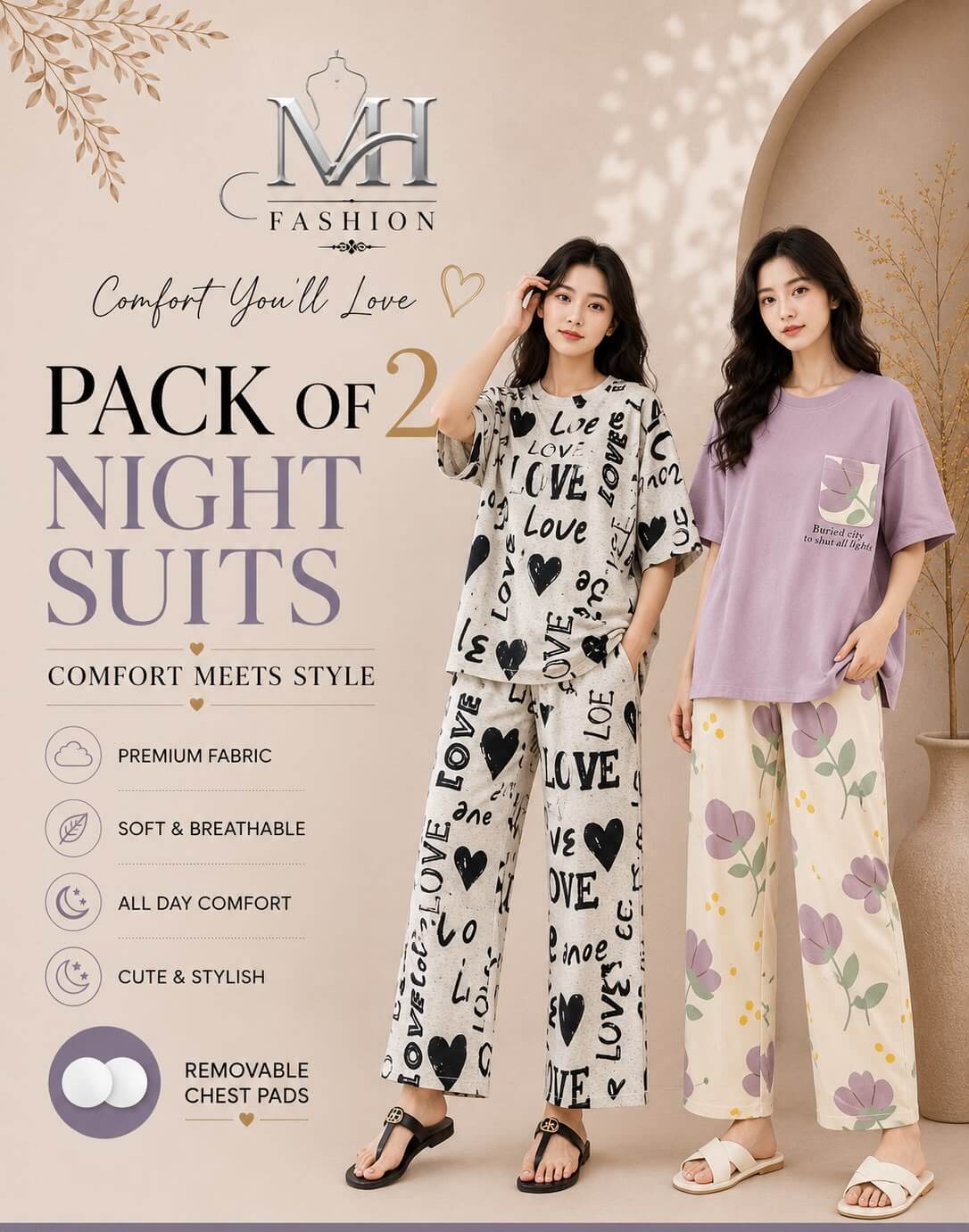 cream big love and  purple pocket pack of two night suit