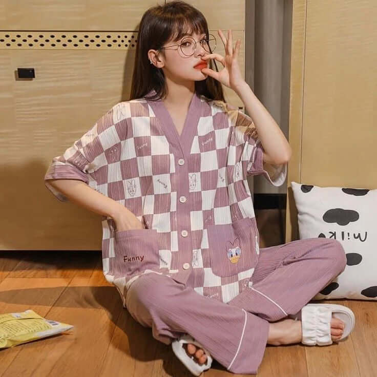 Lilac White Check Mini Duck Drop Shoulder Printed V-Neck Button PJ Set
