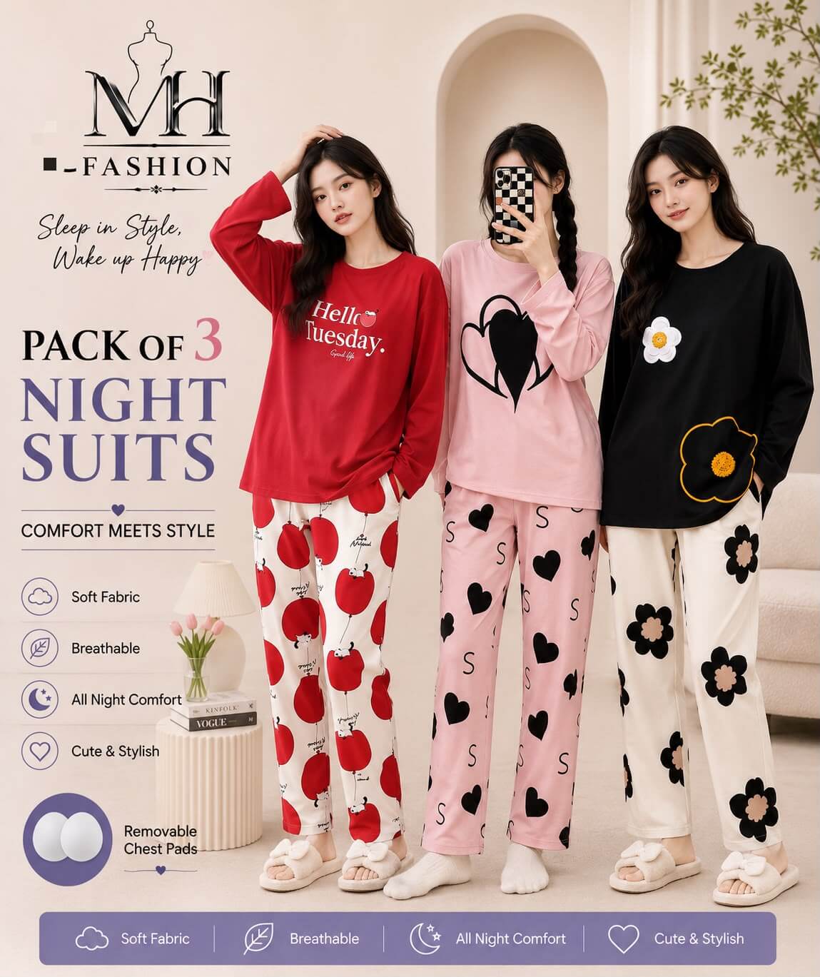 Pack of 3 Women's Cotton Jersey Night Suits – Soft & Comfortable Sleepwear
