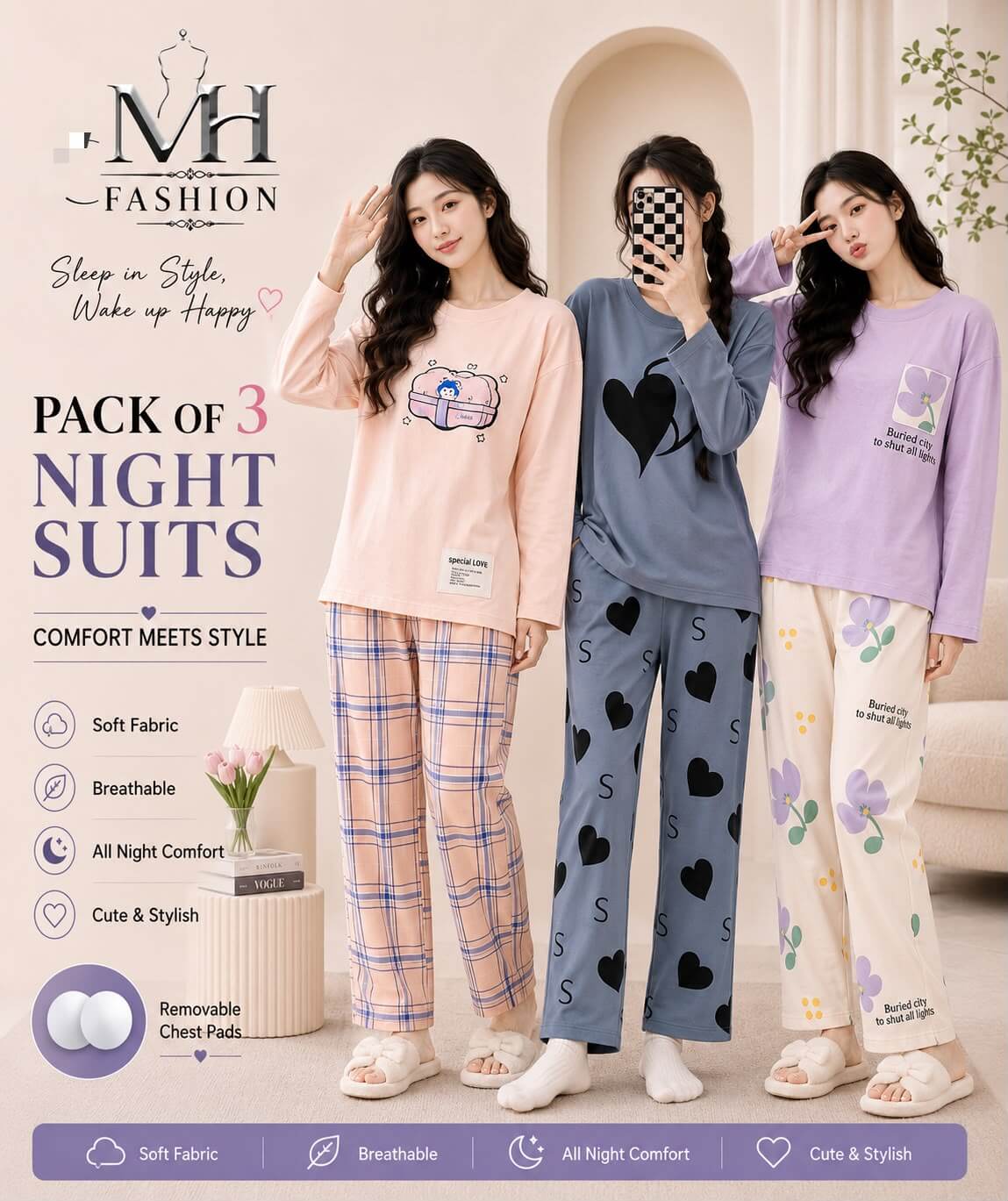 Pack of 3 Women's Cotton Jersey Night Suits – Soft & Comfortable Sleepwear