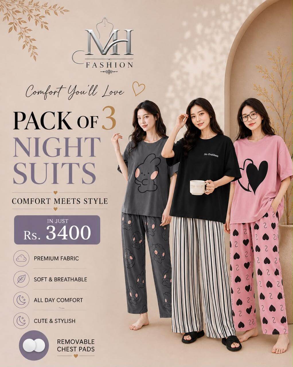 Pack of 3 Women's Cotton Jersey Night Suits – Soft & Comfortable Sleepwear
