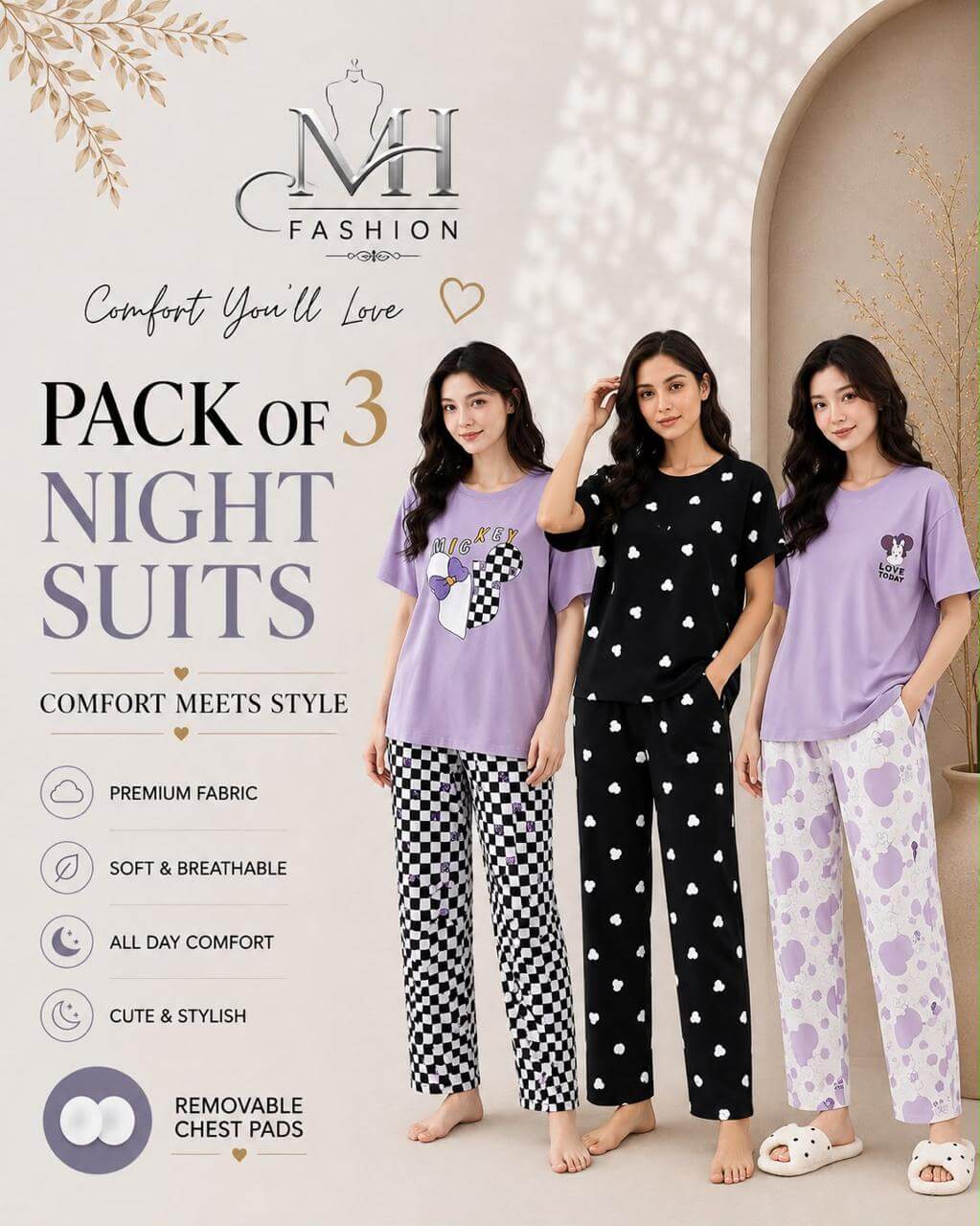 Pack of 3 Women's Cotton Jersey Night Suits – Soft & Comfortable Sleepwear