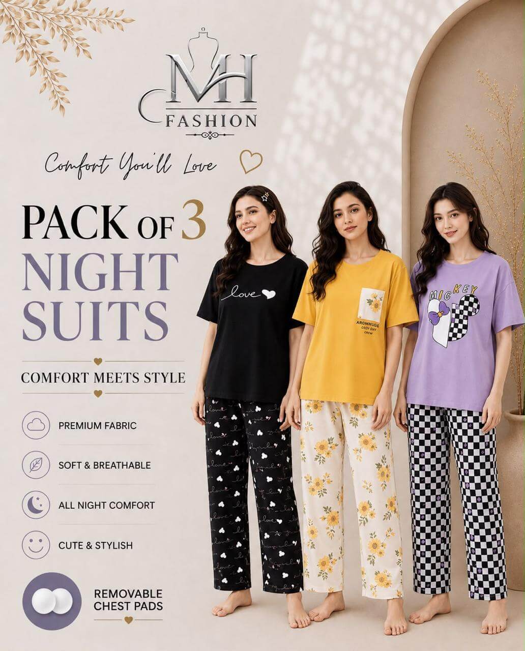 Pack of 3 Women's Cotton Jersey Night Suits – Soft & Comfortable Sleepwear