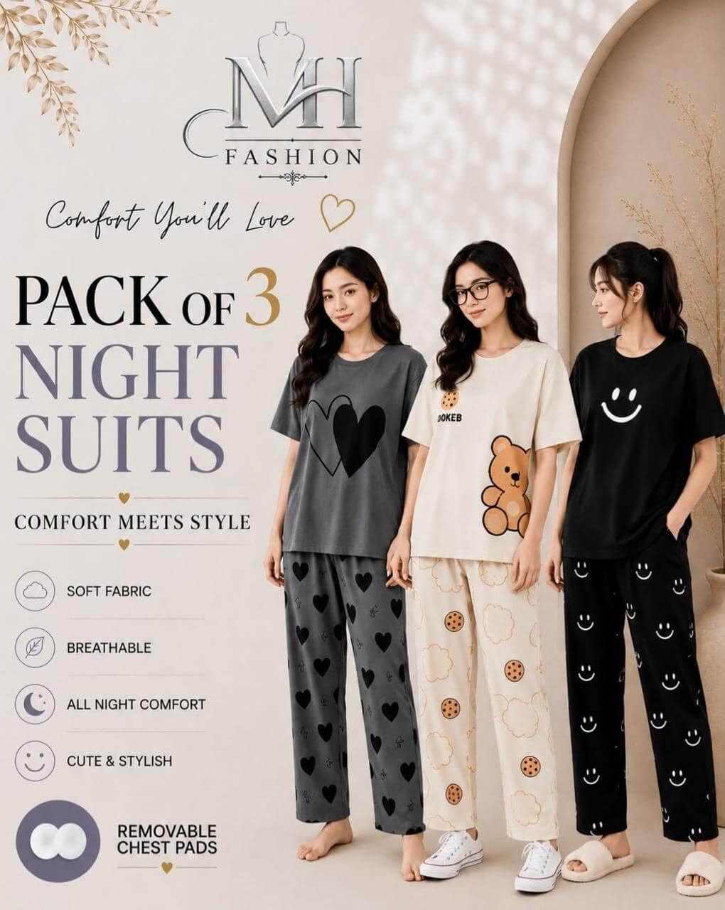 Pack of 3 Women's Cotton Jersey Night Suits – Soft & Comfortable Sleepwear