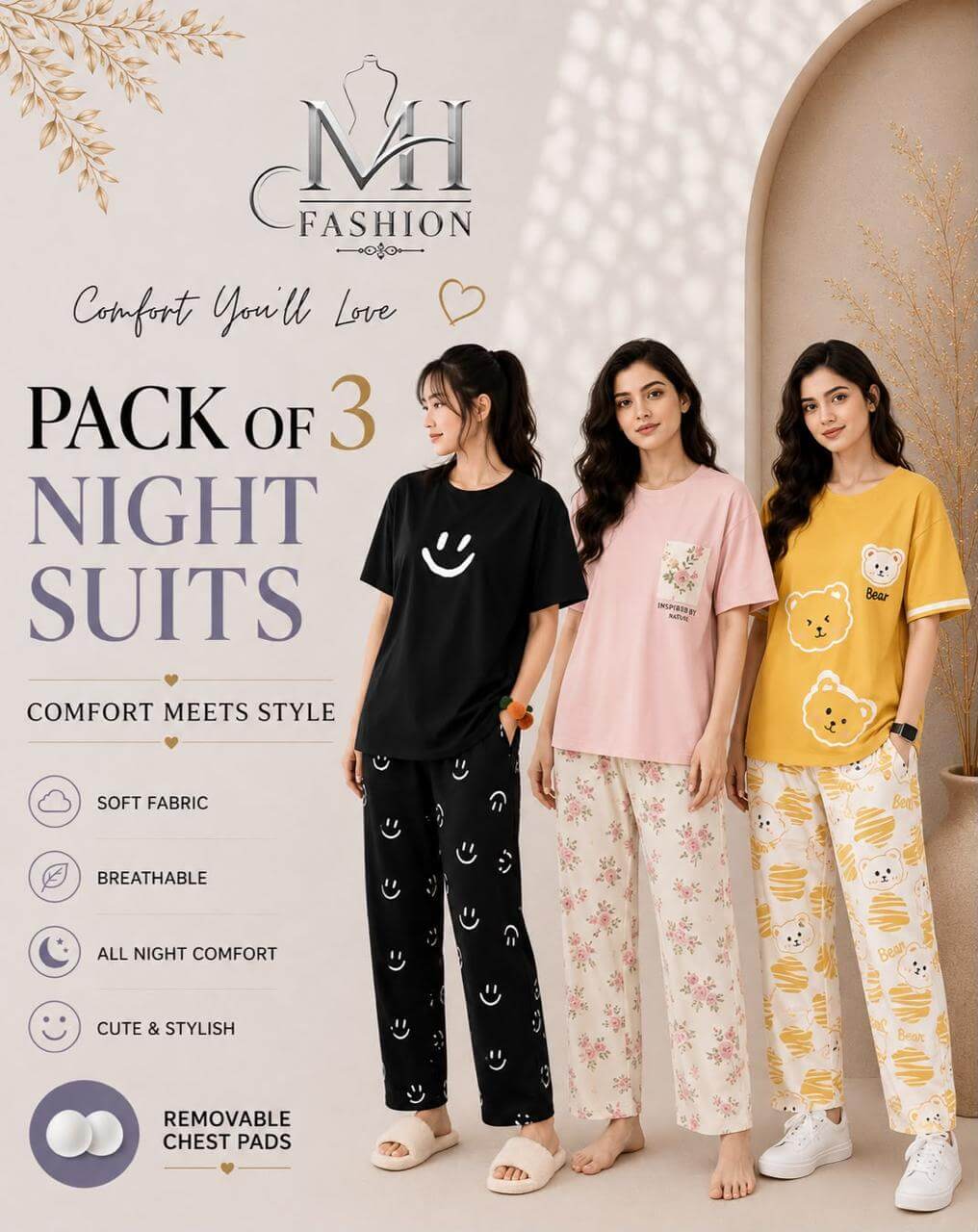 Pack of 3 Women's Cotton Jersey Night Suits – Soft & Comfortable Sleepwear