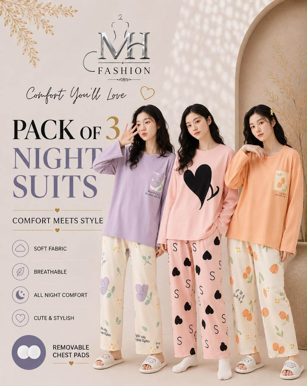 Pack of 3 Women's Cotton Jersey Night Suits – Soft & Comfortable Sleepwear