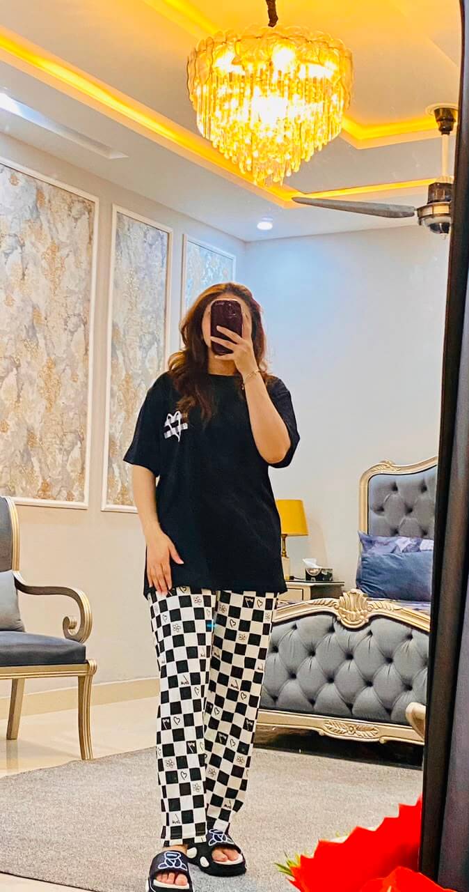 black check love printed night suit premium fabric for girl