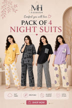 Pack of 4 Women's Cotton Jersey Night Suits – Soft & Comfortable Sleepwear