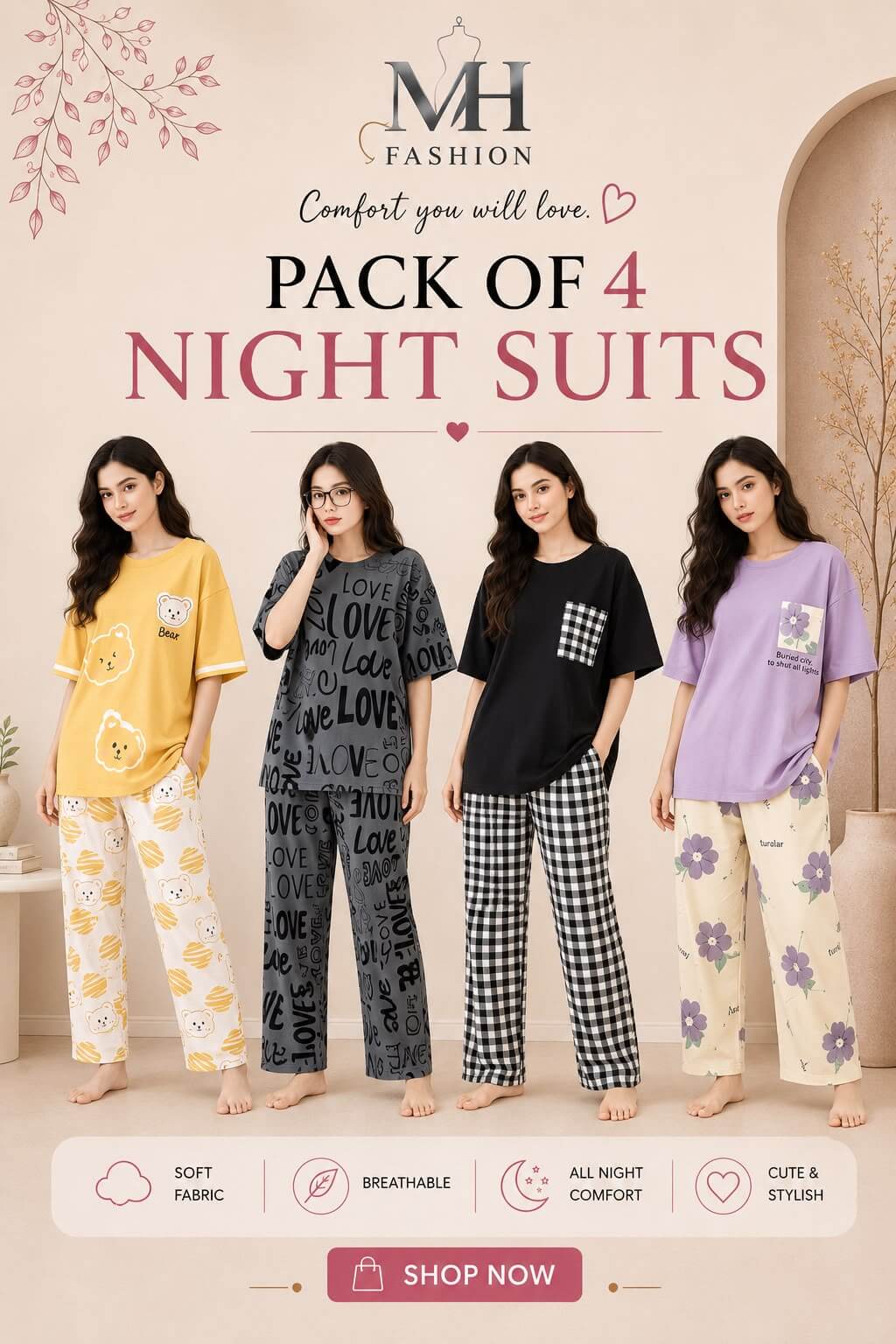 Pack of 4 Women's Cotton Jersey Night Suits – Soft & Comfortable Sleepwear