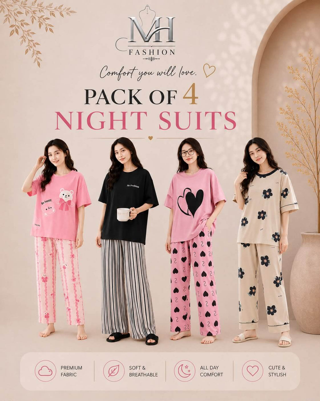 Pack of 4 Women's Cotton Jersey Night Suits – Soft & Comfortable Sleepwear