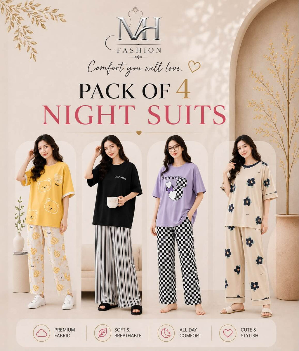 Pack of 4 Women's Cotton Jersey Night Suits – Soft & Comfortable Sleepwear