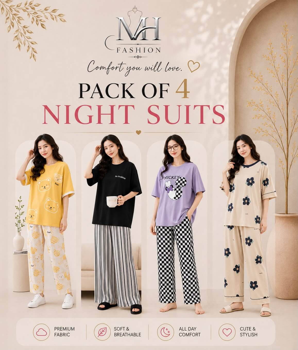 Pack of 4 Women's Cotton Jersey Night Suits – Soft & Comfortable Sleepwear