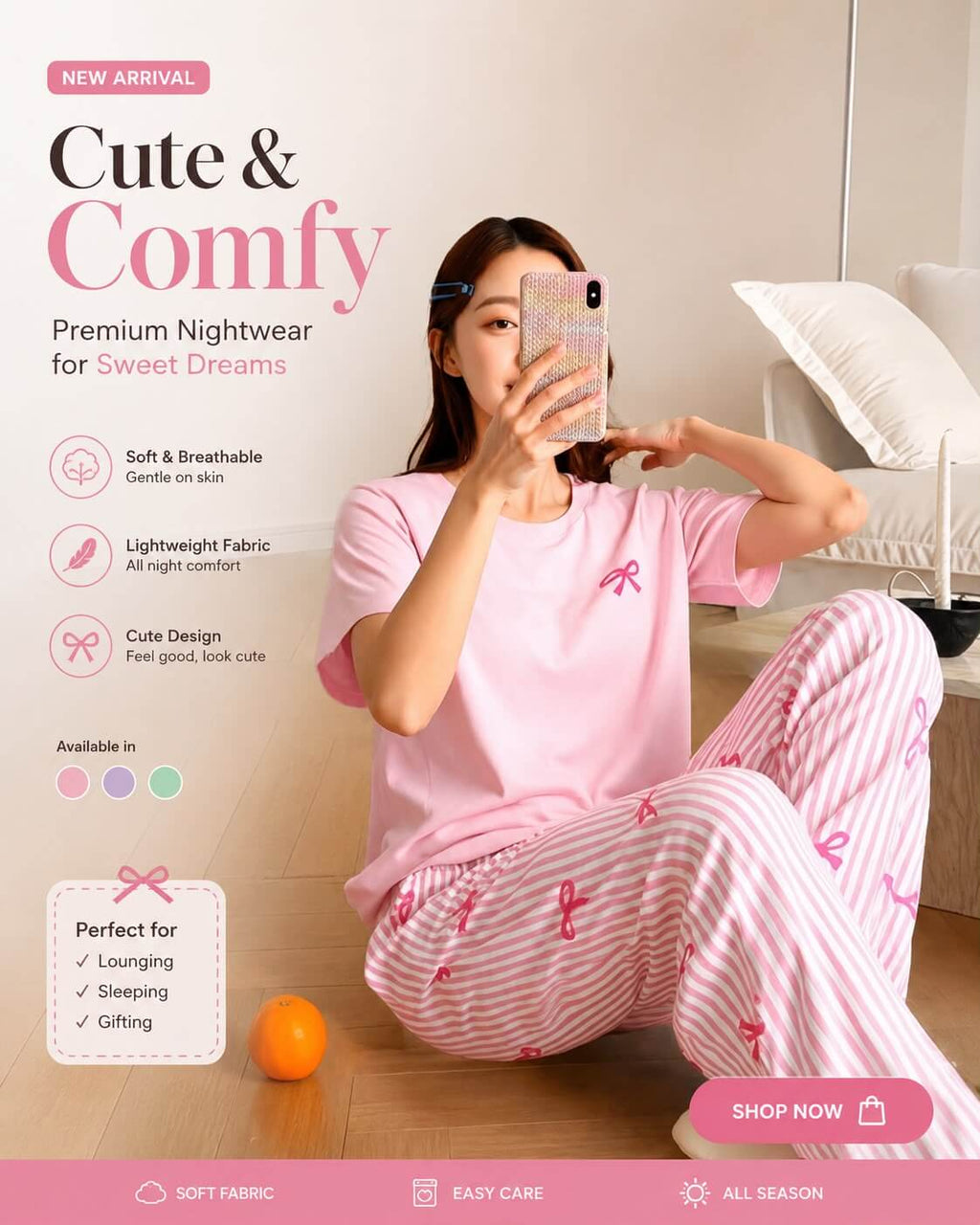 pink lining  Printed Night Suit for Women – Soft Cotton PJ Set