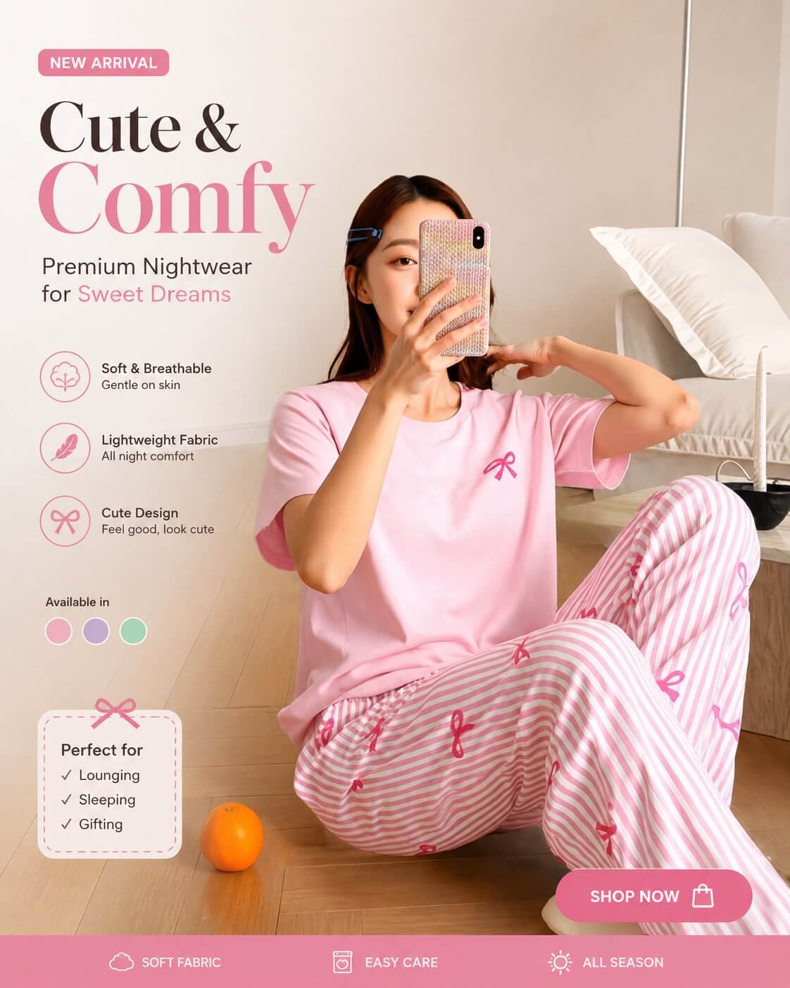 pink lining  Printed Night Suit for Women – Soft Cotton PJ Set
