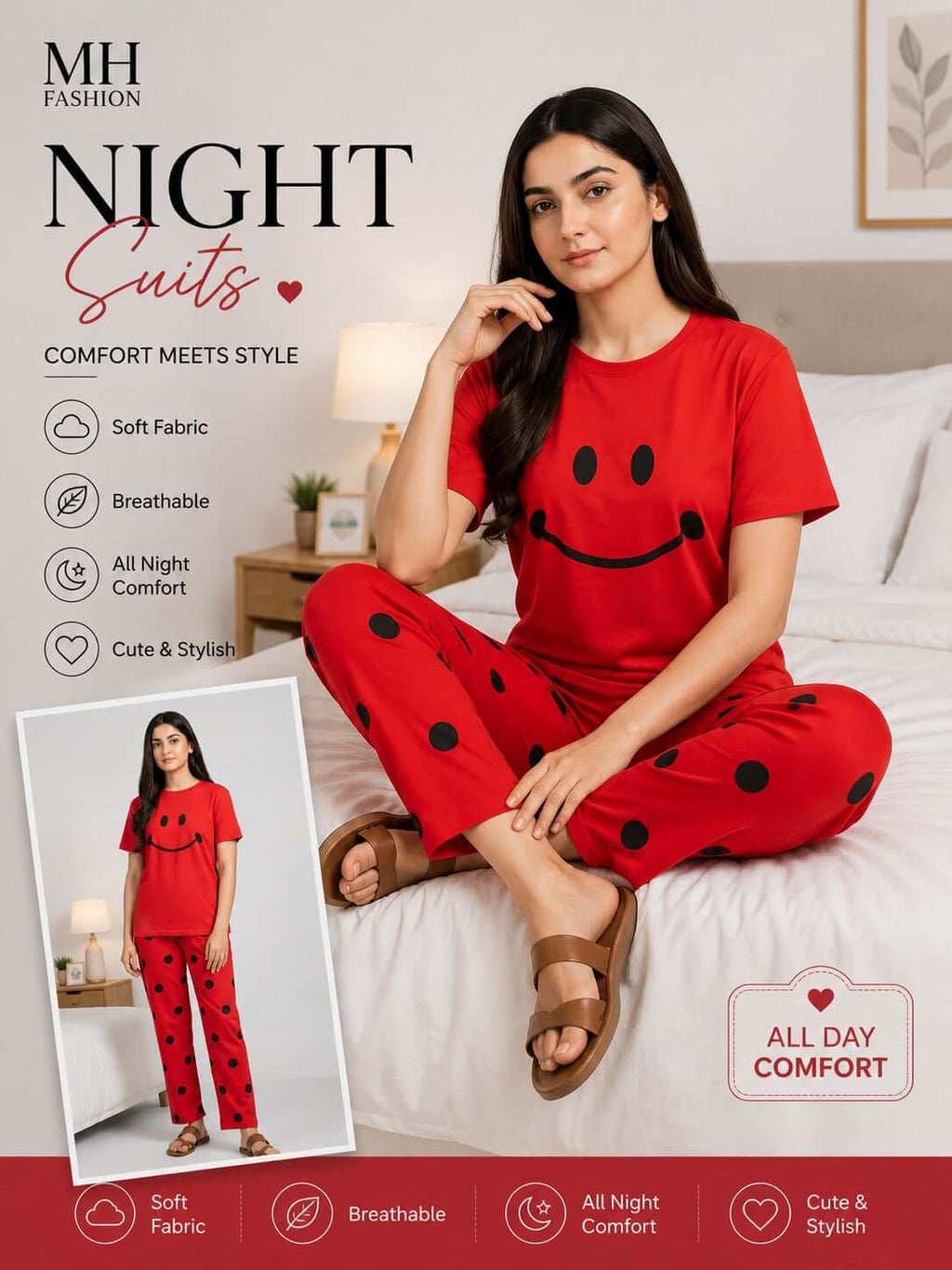 Red Smiley Print Women's Night Suit – Cotton Sleepwear Set