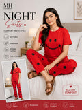 Red Smiley Print Women's Night Suit – Cotton Sleepwear Set