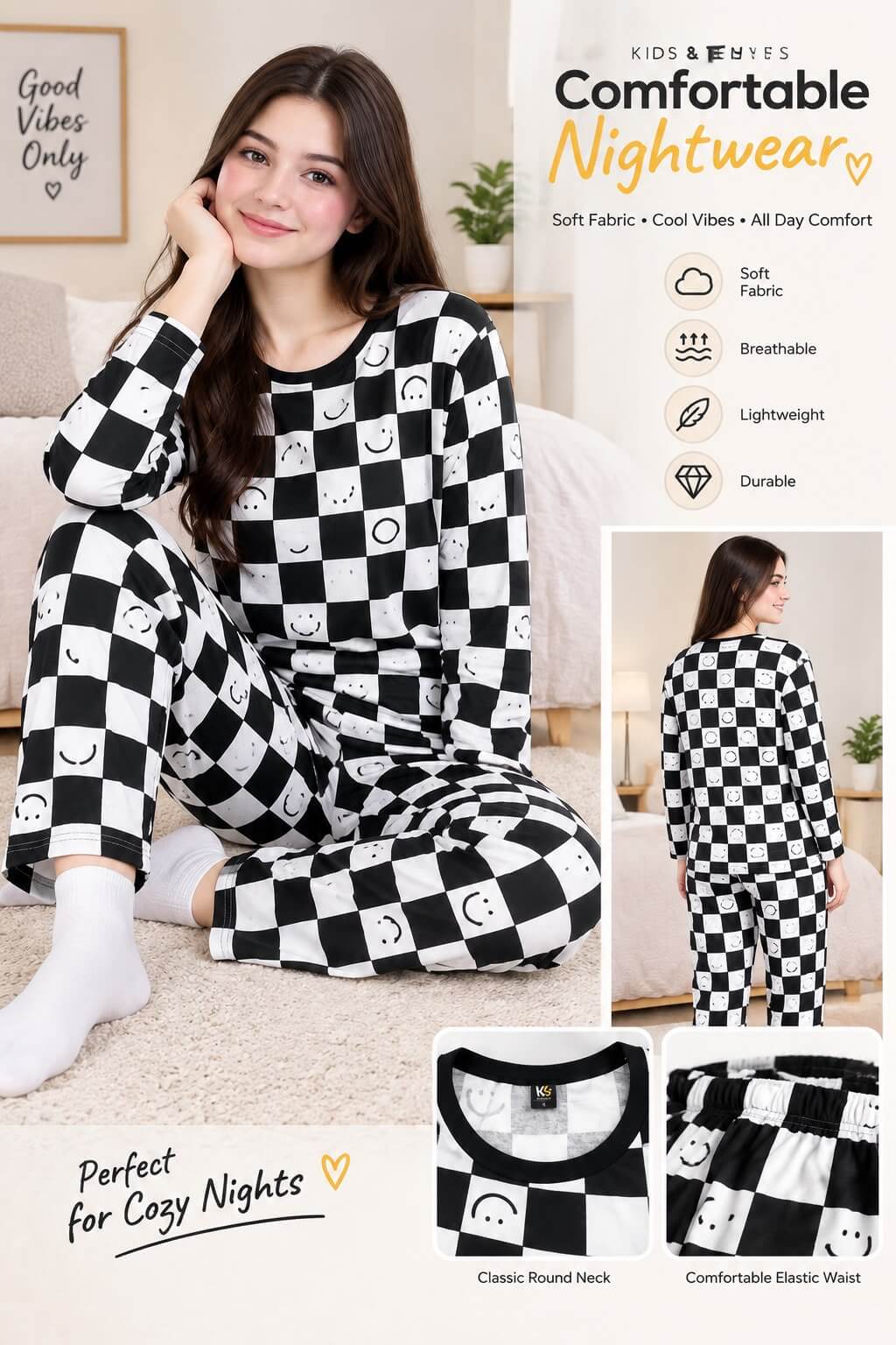 over all check Print Women's Night Suit – Cotton Sleepwear Set