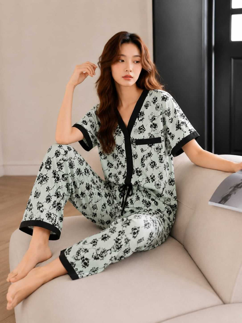 Olive with Black Pipin Drop Shoulder Flowers Printed Button Style Pj Set