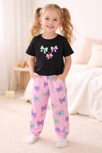 Black Bows Printed Half Sleeves Kids Suit